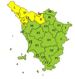 Piogge sul nordovest della Toscana, codice giallo il 17 gennaio