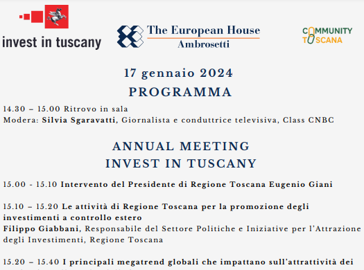 Annual Meeting Invest in Tuscany 2024, il 17 gennaio a Palazzo Borghese a Firenze 