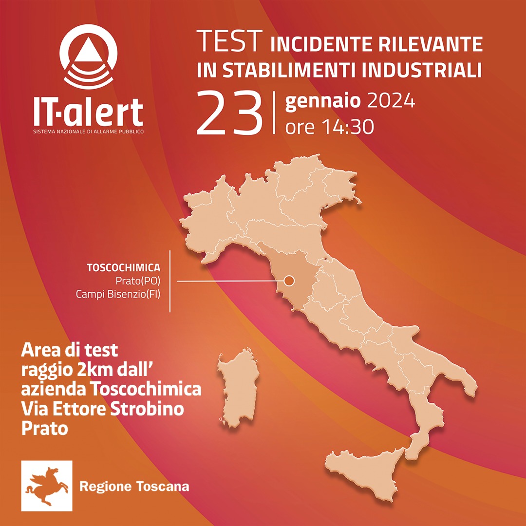 IT-alert, a Prato il 23 gennaio simulazione di incidente chimico-industriale con messaggio ai cittadini