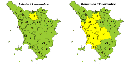 Domenica 12 novembre codice giallo per pioggia nella Toscana centro-meridionale