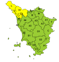 Maltempo con pioggia forte, codice giallo sulla Toscana nord occidentale