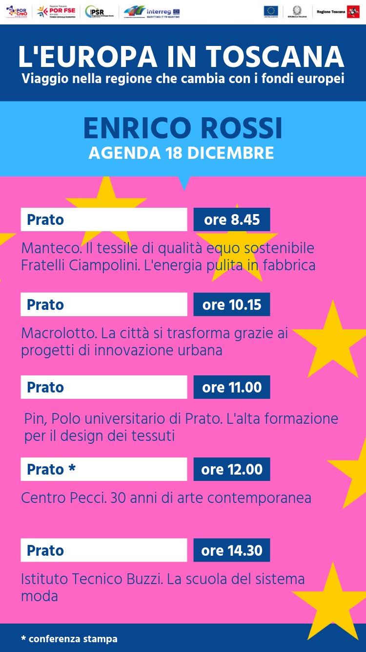 Europa in Toscana, a Prato il 18 dicembre la terza tappa del viaggio del presidente Rossi