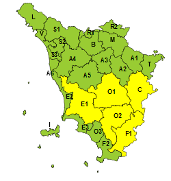 Codice giallo per pioggia e temporali nel centro-sud della Toscana 